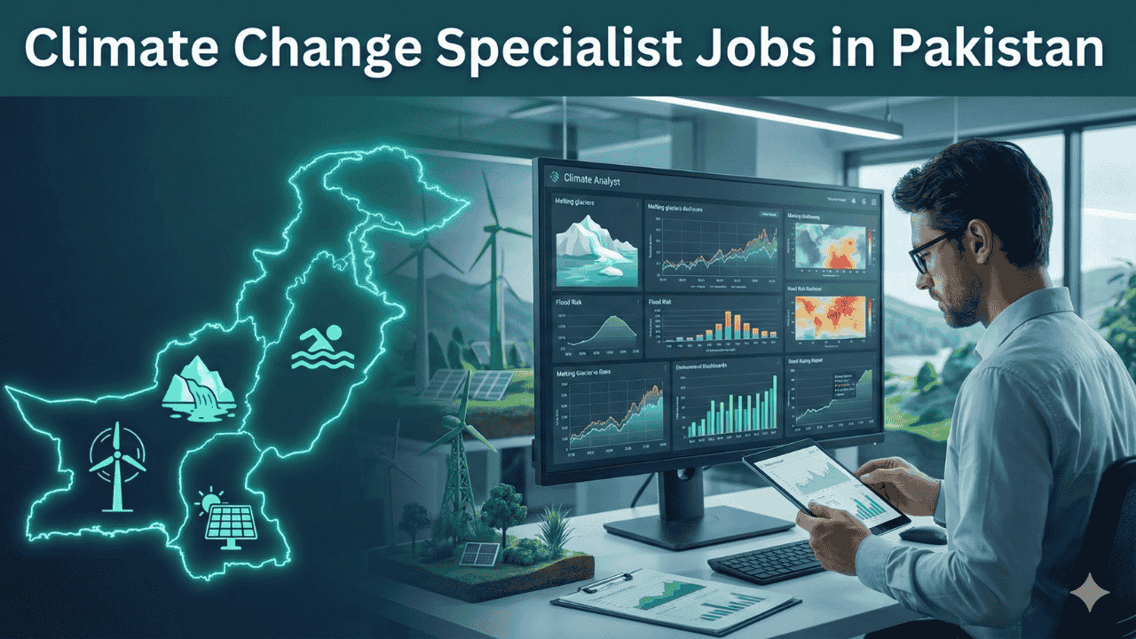 Climate change specialist concept with melting glaciers, floods, green energy icons, and a Pakistan-focused environmental analysis in a clean design.