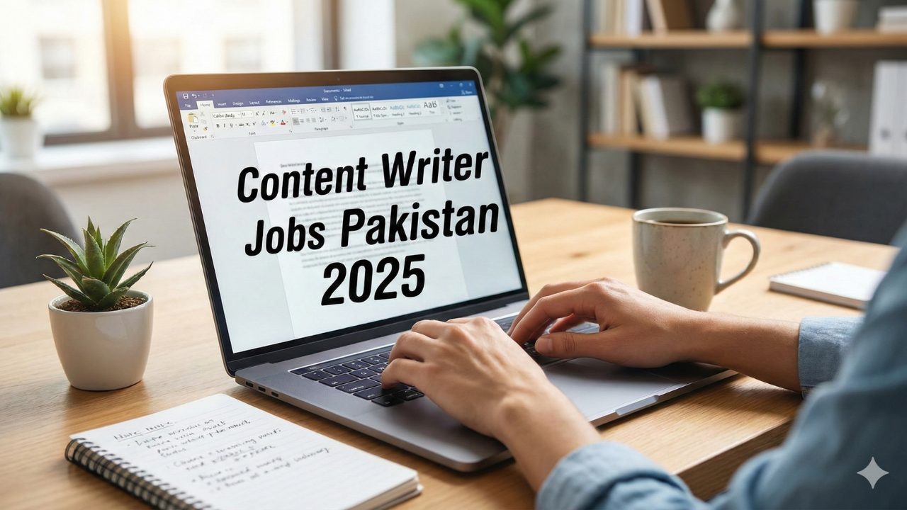 Content Writer working on laptop with notebook and coffee – Content Writer Jobs Pakistan 2025