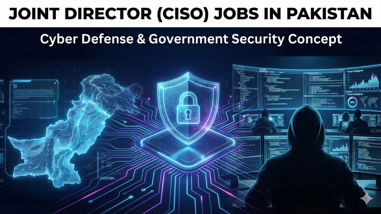 Joint Director CISO jobs in Pakistan visual showing cybersecurity shield, digital network, Pakistan map, and cyber defense theme in clean design.