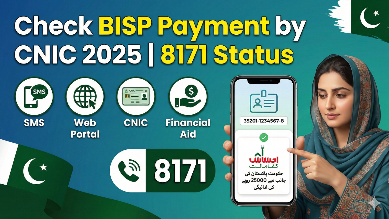 Pakistani woman checking BISP payment by CNIC on mobile with 8171 portal, holding CNIC card, government aid concept in clean style.