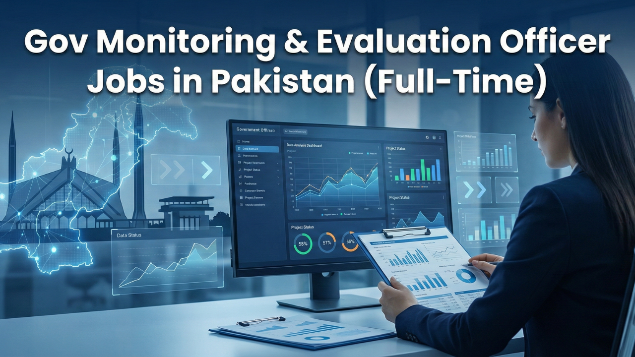 Government Monitoring and Evaluation Officer concept with data dashboards, reports, and a Pakistan public sector theme in a professional blue-toned design